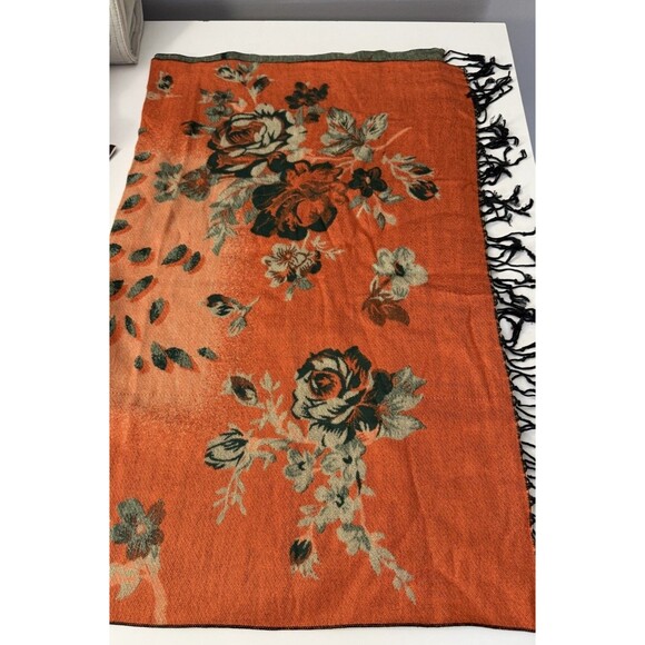 Pashmina 100% Cashmere Scarf Shawl Wrap Green Floral Reversible Black Fringe NWT - Picture 7 of 8